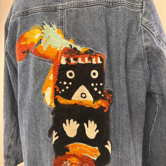 MoveUp Living Elsewhere Blue Long Duster Jacket Denim Embroidered Button Up XS - Picture 4 of 7